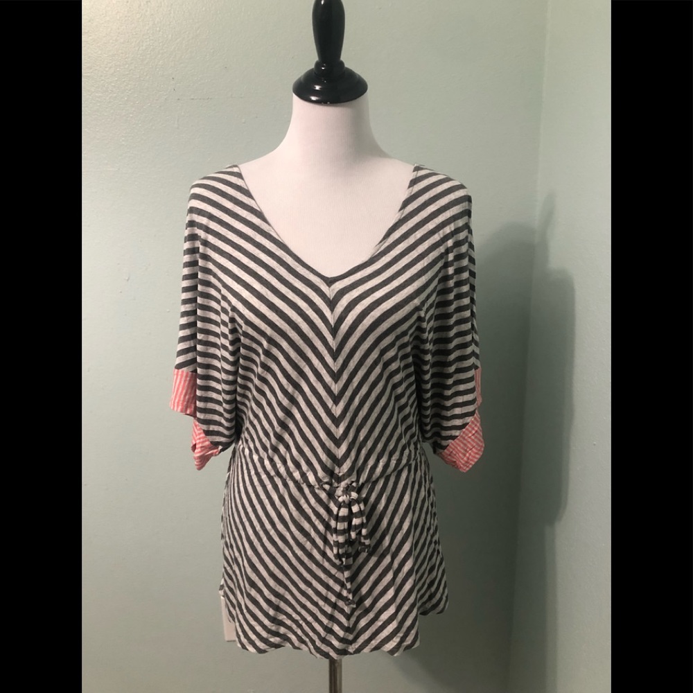 Ella Moss Anthropologie white & grey & pink striped drawstring waist shirt